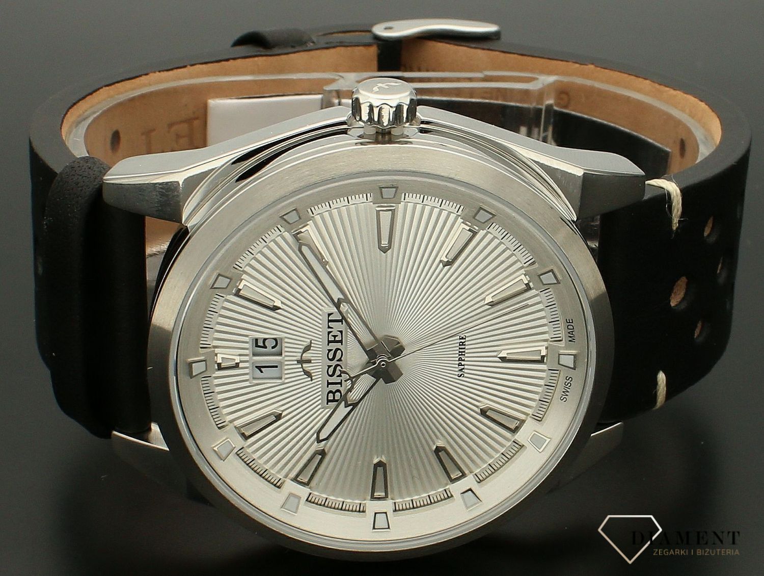 Zegarek męski Bisset na czarnym pasku BSCF40 srebrny. Zegarek męski Bisset. Męski zegarek z szafirem. Męski zegarek Bisset na czarnym pasku. Zegarek męski Bisset idealny na prezent..jpg